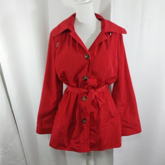 LONDON FOG "TOWNE!" RACY RED COTTON DUCK BELTED RAINCOAT, W/BUTTON ON HOOD! SZ L - Picture 3 of 13